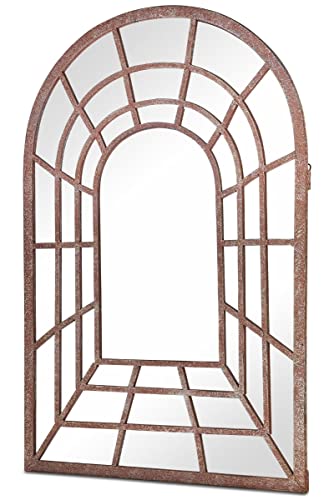 MirrorOutlet Large Metal Rustic Arched Shaped Window Garden Outdoor Mirror 77cm X 50cm, GM098, Bronze