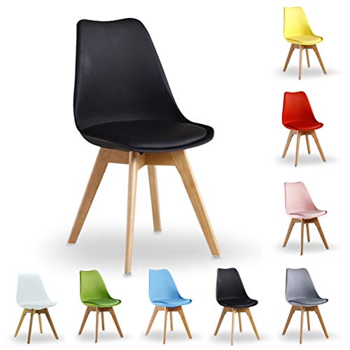 P&N Homewares® Lorenzo Tulip Chair Plastic Wood Retro Dining Chairs White Black Grey Red Yellow Pink Green Blue (BLACK)
