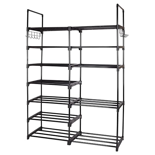 powerking Large Shoe Rack 7 Tier 2 Row, Metal Shoes Storage Shelf Organiser, Holds 24-35 Pairs Tall Shoes and Boots for Hallway Entryway, Space S