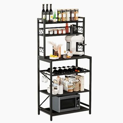YMYNY Kitchen Baker's Rack, Microwave Oven Stand with Storage Shelves, Industrial Coffee Bar Station, with Adjustable Wine Holders and 12 S-Hooks