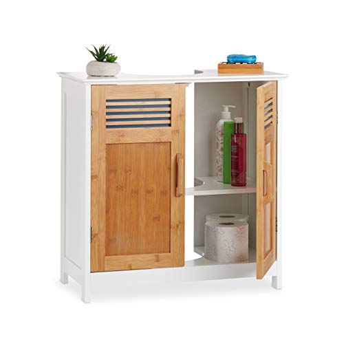 Relaxdays Basin Vanity Unit, Bamboo Doors, Height-Adjustable Shelf, Siphon Cut-Out, HWD: 60x60x30cm, Natural/White