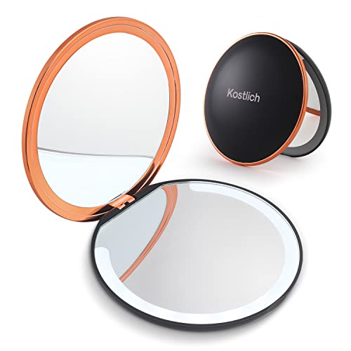 Kostlich Compact Makeup Mirror with Dimmable LED Lights, 1x/7x Magnifying, Rechargeable 127mm Wide Portable Travel Mirror for Handbag Purse, Whit