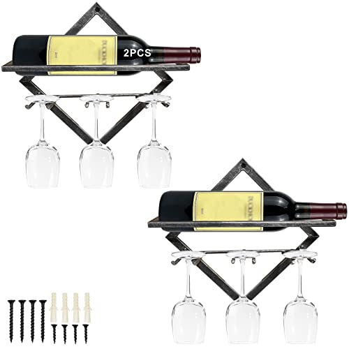 MERYSAN 2Pcs Metal Wall Mounted Wine Holder, Vintage Copper Hanging Wall Wine Rack Storage for 3 Liquor Bottles 3 Glass, Red Wine Bottle Display