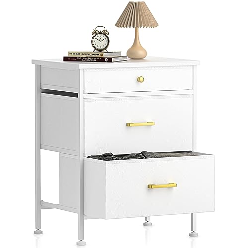 GipGiper Nightstand with 3 Drawers, Dresser for Bedroom, Small Dresser Night Stand with Fabric Bins, Leather Finish, Modern Bedside Table End Sid