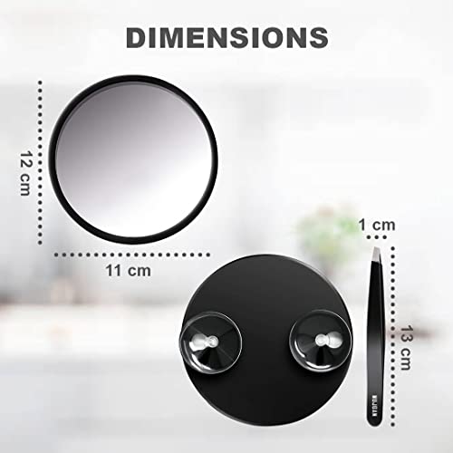 MUJGAN Magnifying Mirror and Tweezers Kit, 10X Magnifier Compact Mirrors with Suction Cups, Travel Mirror for Makeup, Eyebrow Tweezing, Blackhead
