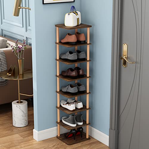 LUCKNOCK 8 Tiers Vertical Narrow Shoe Rack/ Organizer, Stylish Wooden Space Saving Shoe Storage Stand/ Shelf/ Tower Free Standing for Entryway, N