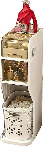 OPSREY 4 Tier Bathroom Floor Cabinet Laundry Hamper Cabinet, Slim Toilet Paper Storage Cabinet with Basket and Clear Drawers Narrow Tall Floor Ca
