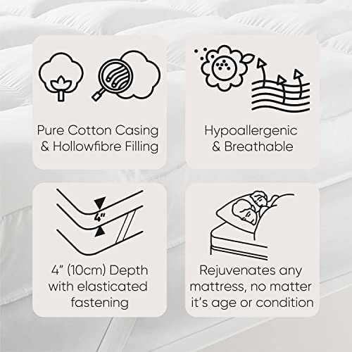 Lancashire Textiles Extra Thick 4 Inch Mattress Topper | Sleep On A Cloud Hollowfibre Filled 100% Cotton Extra Thick Mattress Topper | 230 Thread
