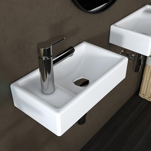 MEJE 41x23 cm Wall Hung Basin Sink Combo, Small Cloakroom Basin, Rectangle Ceramic Bathroom Wash Basin - Left Hand Sink Set (Include Faucet & Pop