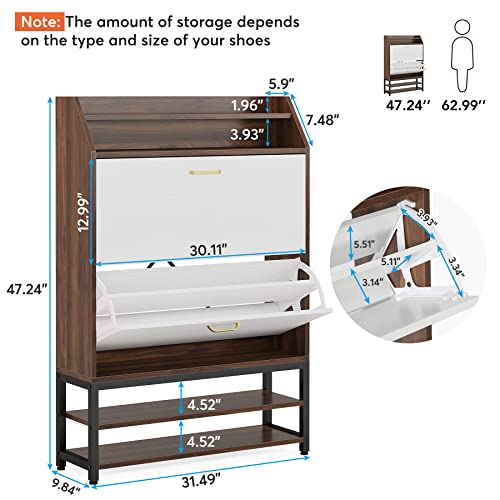 LITTLE TREE Tipping Bucket Slim Shoe Storage Cabinet with 2 Flip Drawers, Engineered Wood, Brown&White