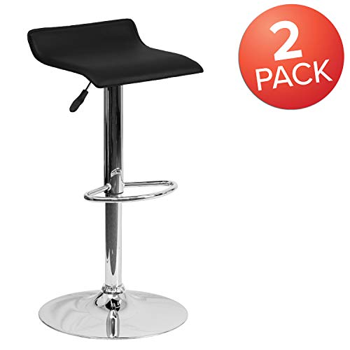 Flash Furniture 2 Pack Contemporary Vinyl Adjustable Height Barstool with Solid Wave Seat and Chrome Base, Fabric, Black, Set of 2