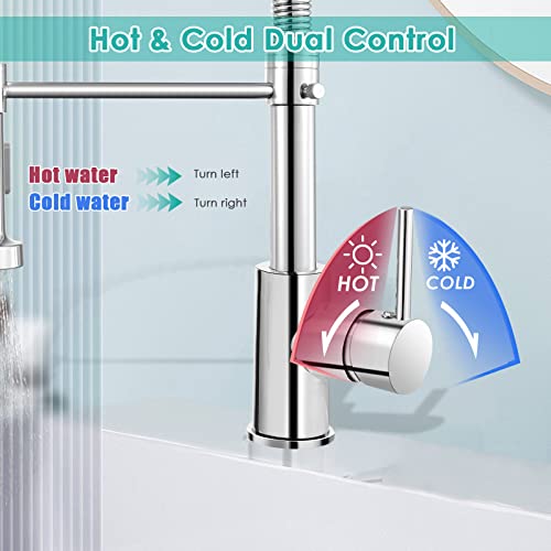 Pakuyi Spring Kitchen Sink Faucet Single Handle Single Lever High Arc Spring Faucet 360° Swivel Spring Kitchen Mixer Tap with Pull Out Sprayer wi