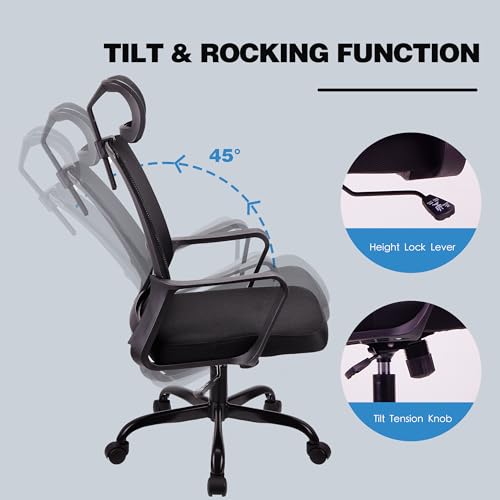 T-THREE. Adjustable headrest Office Chair Ergonomic Mesh Swivel Chair Office chair Desk Chair Lumbar Support Height Adjustable 360°Swivel Rocking