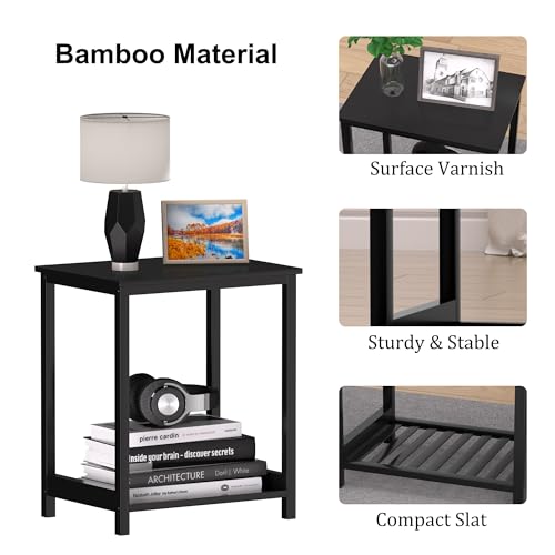 POXAKA End Table Set of 2, Bamboo Side Table, Black Night Stand Bedside Table, Modern Nightstand for Bedroom, Living Room, Study, Office (MC-540)