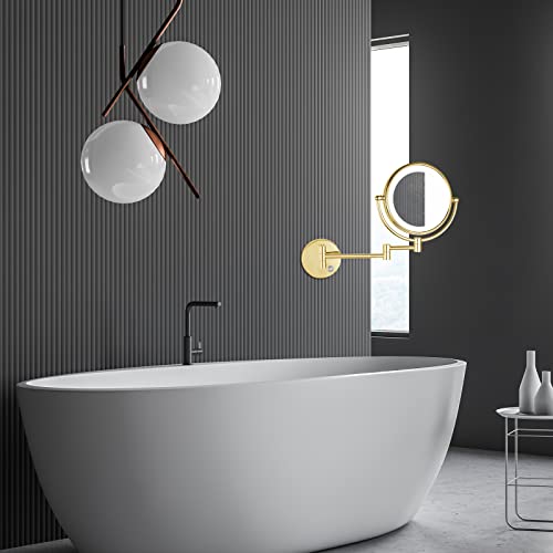 DOWRY Wall Mounted Magnifying Mirror with Light 5x,Gold Extendable Mirror,LED Illuminated Shaving Mirror,360 ° Rotatable Double Sided Mirror,Ø20c