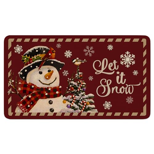 Red Christmas Welcome Doormat for Indoor/Outdoor Entrance Cute Snowman Let It Snow Decoration Door Mat Merry Xmas Kitchen Door Floor Mat Bedroom