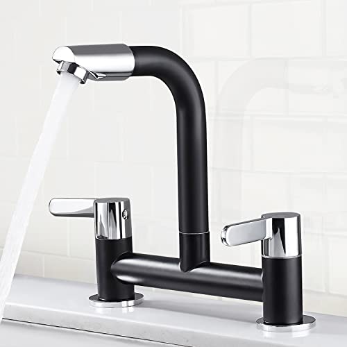 Kitchen Mixer Tap 2 Hole with 360° Aerator, Swivel Sink Bridge Taps Monobloc Dual Lever Faucet, 180mm Centres Deck Mounted with G1/2 Hose UK Stan