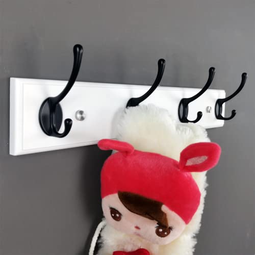 lomejii 4 Black Hooks Wood Coat Rack Wall Mount, 44cm, White, Stronger Hooks for Hanging Clothes,Hat,Backpack etc, Great Modern Wall Mounted Rack