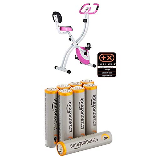 Ultrasport F-Bike Home Trainer 200B with Hand Pulse Sensors, with Backrest, Foldable, Pink with Amazon Basics Batteries