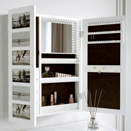 CARME Jewellery Cabinet Armoire with LED Light Mirror & Drawers - Wall Mounted Storage & Organiser Unit for Makeup - Bedroom, Dresser & Vanity Fu
