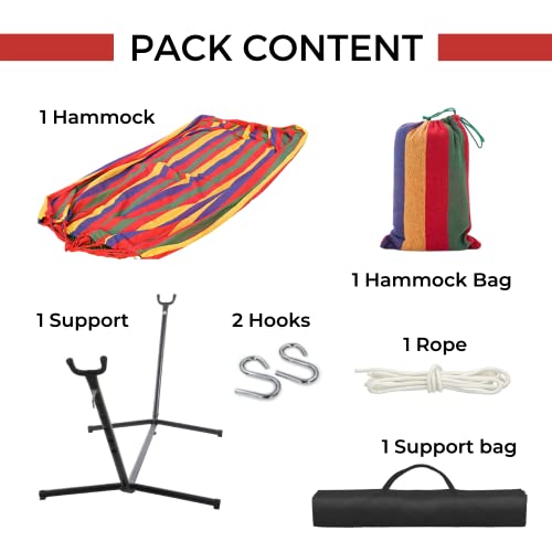 Hammock with Stand Included (250 cm) and Carry Case, Multi-Coloured Cotton Hammock for Garden, Terraces, Travel, Camping (Weight up to 150 kg)