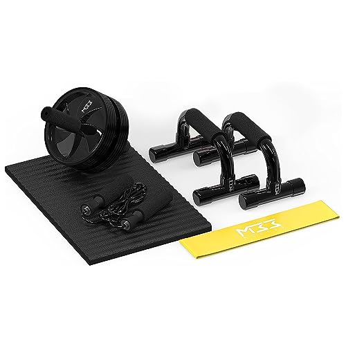 Gym Kit Equipment - Abs Roller Wheel Workout Set with Knee Pad, Push Up Handles, Skipping Rope and Resistance Band - Boost Core Strength, Enhance