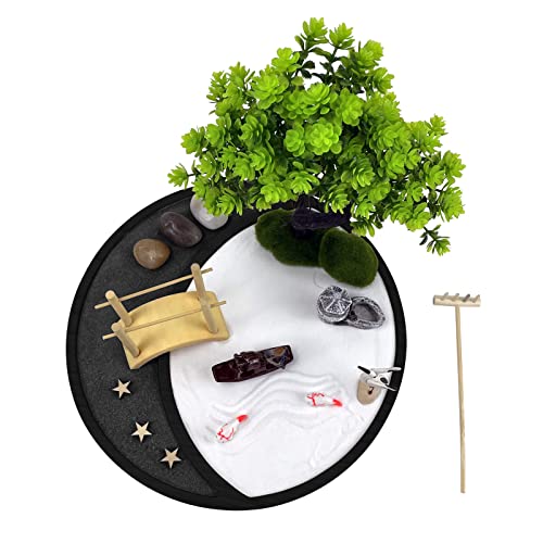 Desktop Zen Garden Kit White & Black Sand 9.5 Inch Large Black Moon Tray, Japanese Mini Zen Garden Gift Set, Bonsai Tree, Bridge, Fisherman's boa