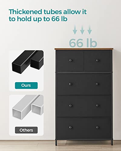 SONGMICS Storage Tower with 5 Fabric Drawers, Dresser Unit, for Living Room, Hallway, Nursery, Particleboard, Non-Woven, Solid Knob Metal Wood, B