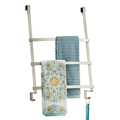 mDesign Over The Door Towel Ladder - Towel Rail with 3 Rungs and 2 Hooks for Bath Towels, Hand Towels or Clothing - Over The Door Towel Rack - Br