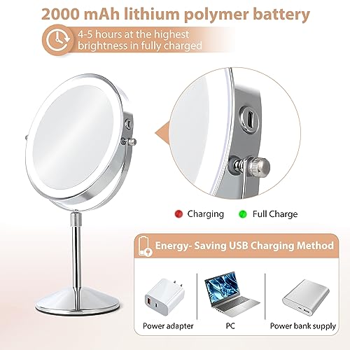 FFowcye Makeup Mirror with Lights and Magnification, 8" Adjustable Brightness & Height 1X/10X Magnifying Mirror LED 360° Rotation Touch Screen Va