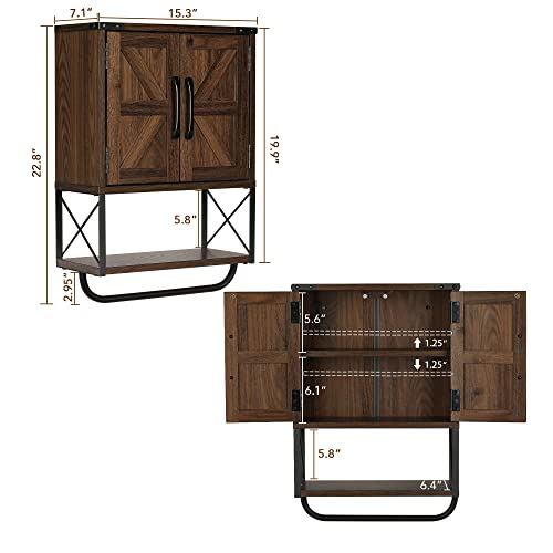 RUSTOWN Farmhouse Rustic Medicine Cabinet with Two Barn Door,Wood Wall Mounted 3-Tier Storage Cabinet with Adjustable Shelf and Towel Bar for Bat