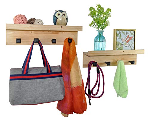 Spiretro Set of 2 Wall Mounted Torched Wood Floating Shelves & Ledge, Coat Hat Rack with Black Metal Pegs Hook to Organizer, Storage, Decorative