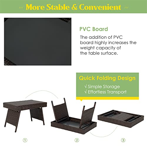 RELAX4LIFE Folding Rattan Table, Small Wicker Side End Table, Portable Bistro Coffee Table for Garden Patio Poolside (with Adjustable Foot Pads)