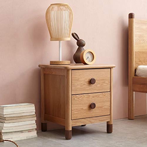 LUKEO Solid Wood Bedside Table with Double Drawer Design, Minimalist Bedroom Bedside Cabinet