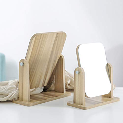 FRCOLOR Makeup Mirror with Wooden Stand 360 Degree Rotatable Vanity Makeup Mirror Portable Tabletop Mirror for Bathroom Shaving (L)