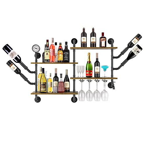 lukar 4 Tier Wall Wine Rack with 4 Stem Glass Holder, Hanging Industrial Pipe Shelving Wine Rack Wall Mounted, Floating Bar Liquor Shelves