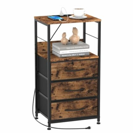 Nightstand with Drawers, End Table with Charging Station Bedroom Side Tables with USB Ports and Outlets 3 Tier Tall Night Stand with Fabric Drawe