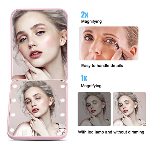 Chstarina Compact Mirror, Portable Makeup Mirror, Magnifying Mirror with Light, 1X / 2X Handheld LED Light Up Mirror, Small Travel Make Up Mirror