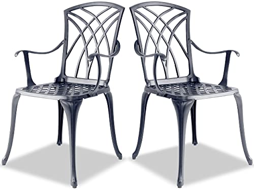 Homeology Oshowa 2-Large Garden & Patio Bistro Chairs with Armrests in Cast Aluminium Grey