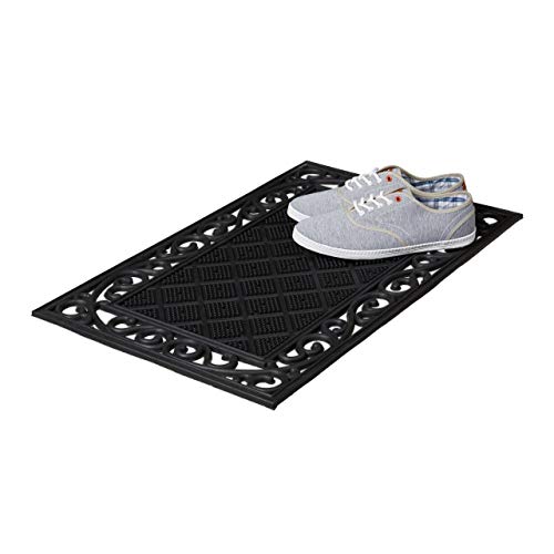 Relaxdays Rubber Anti-Slip Doormat with Floral Pattern in Cast Iron-Look Welcome Mat with Weather-Proof Rubber Size: 1 x 75 x 45 cm, Black