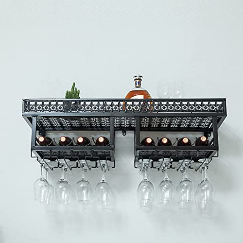 KEppd Wine Rack Wall Mounted - Wrought Iron Wine Rack | Wall-Mounted | Wine Bottle Wine Glass Holder | Rustic Modern Minimalist Style | Living Ro