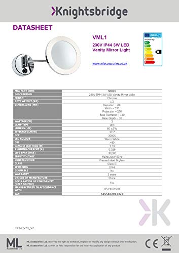 Knightsbridge 230V IP44 3W LED Adjustable and illuminated Vanity Mirror, Chrome, 270mm