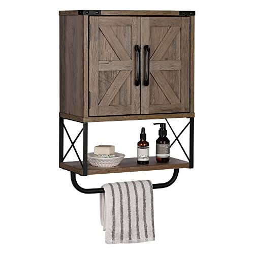 RUSTOWN Farmhouse Rustic Medicine Cabinet with Two Barn Door,Wood Wall Mounted 3-Tier Storage Cabinet with Adjustable Shelf and Towel Bar for Bat