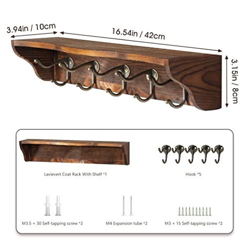 LAVIEVERT Coat Hooks Wall Mounted, Hanging Entryway Shelf Farmhouse Mounted Coat Rack with Display Shelf and 5 Vintage Metal Hooks for Hallway, K