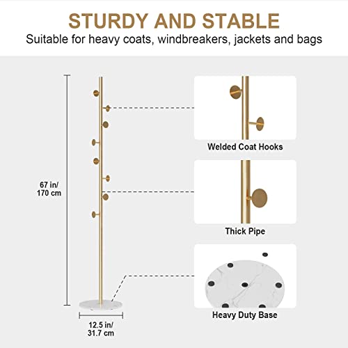 RRG Coat Rack Stand, Metal Coat Tree with Heavy Base 8 Welded Hooks Coat Stand for Entryway, Hall, Bedroom, Corner, Office 67” (Gold)