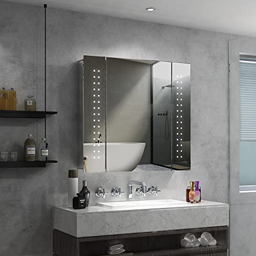 Quavikey® Bathroom Mirror Cabinet with Lights and Shaver Socket LED Illuminated Medicine Cabinet Wall Mounted with Shelf and Demister Dots Lights