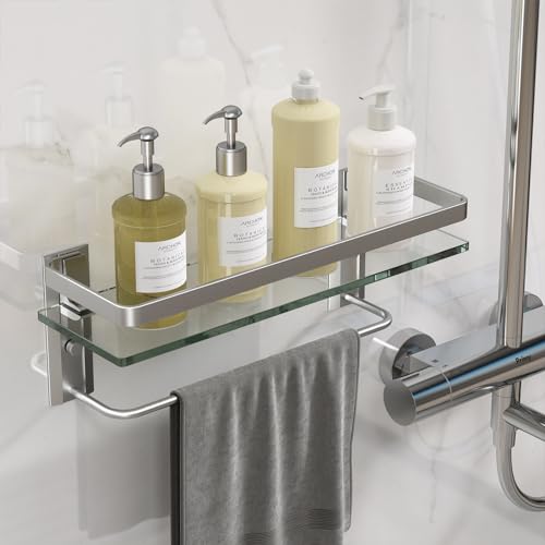 Danpoo Bathroom Wall Shelf, Tempered Glass Bathroom Shelf with Towel Bar(Matte Silver)