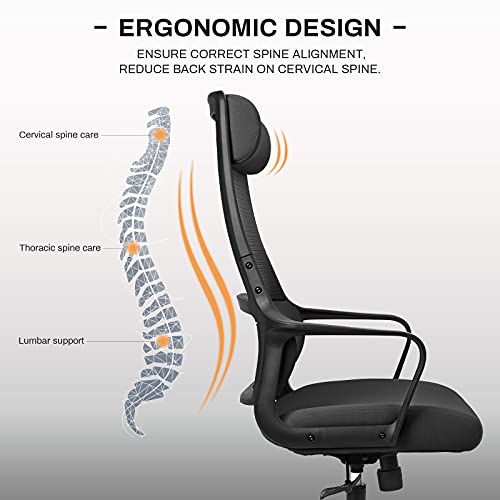 MELOKEA Office Chair, Ergonomic Desk Chair C-Curved Lumbar Support Adjustable Headrest, Mesh High Back Computer Chair for Home Office, Comfortabl