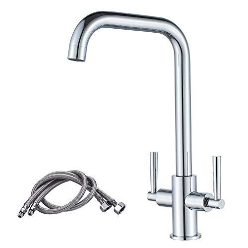 Luckyhome Kitchen Mixer Taps,Monobloc Dual Lever Chrome Brass Kitchen Sink Tap Faucet