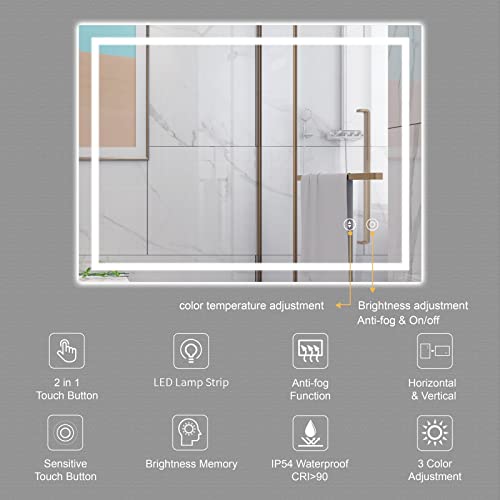 Dripex Bathroom Mirror with LED Lights, 500 * 700 MM Illuminated Backlit Wall Mounted Vanity Mirror Dimmable Switch 3 Colors and Demister Pad, Ho
